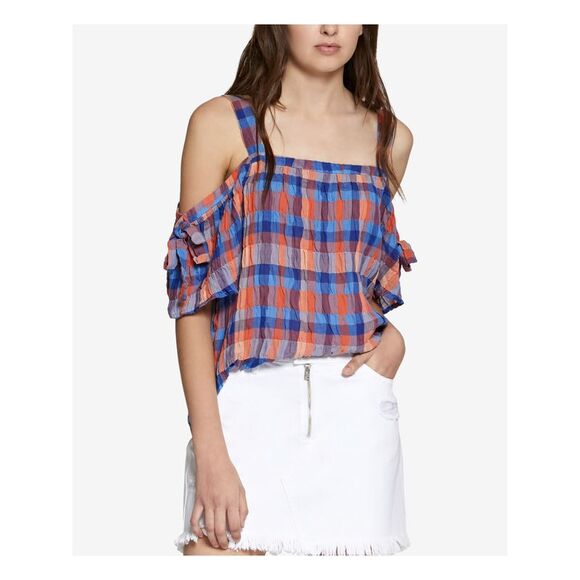SANCTUARY Tops - SANCTUARY Womens Blue  Bow Sleeve Plaid Short Sleeve Square Neck Blouse XS